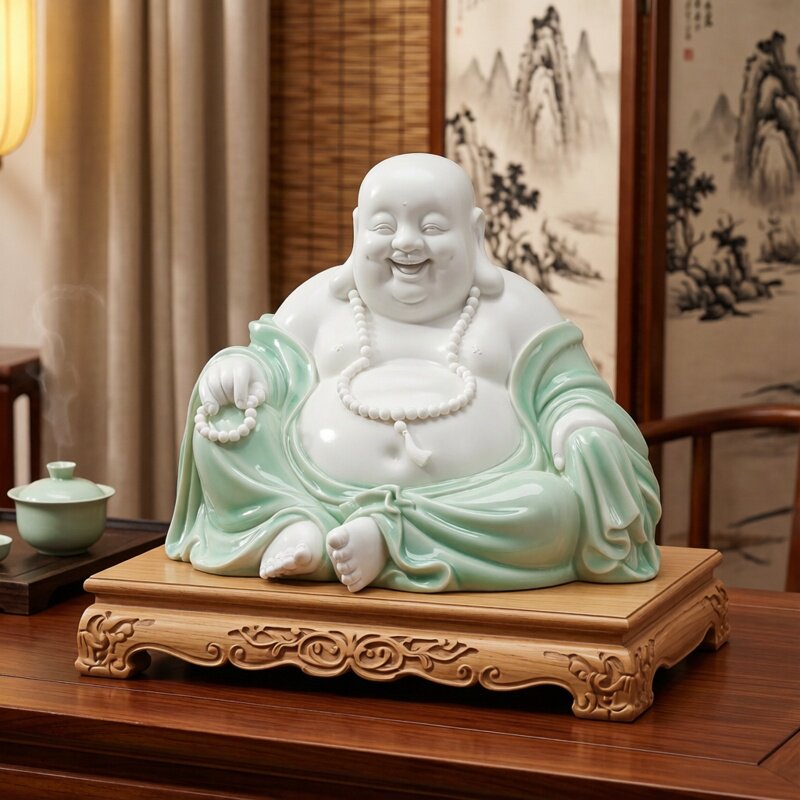 陶瓷弥勒佛摆件大肚佛像开心笑佛招财家居客厅玄关电视柜装饰品