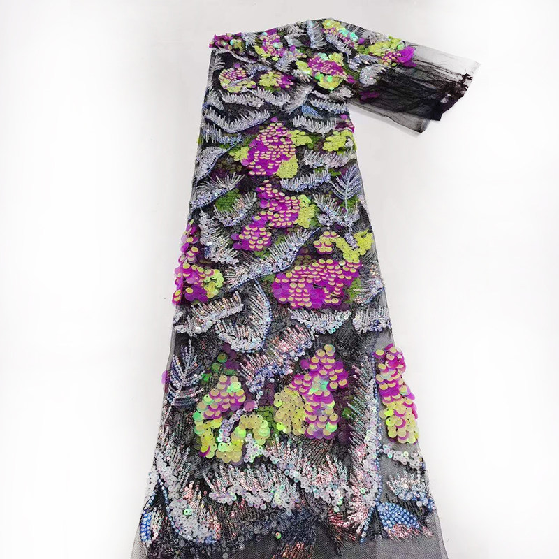 高档网纱浅紫色亮片服装绣花布