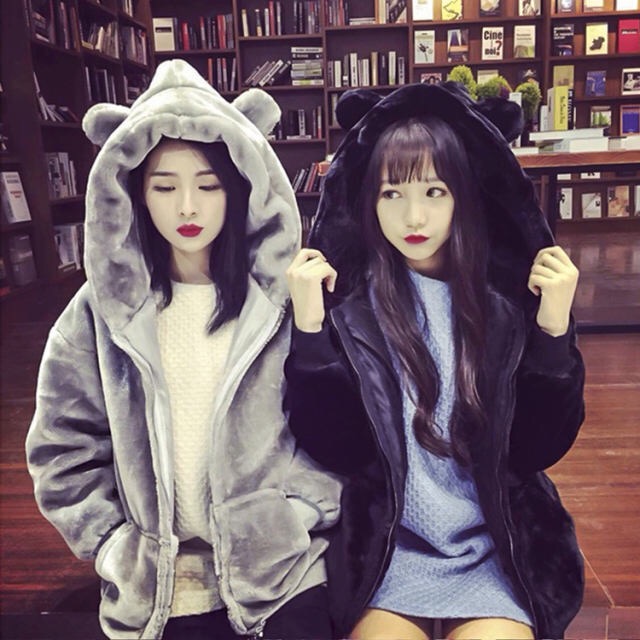 可爱小熊兔耳朵加绒学生装风外套