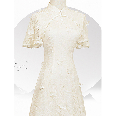 小清新日常中长款钉珠旗袍连衣裙