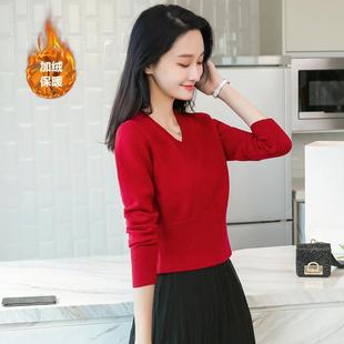 V领加绒加厚针织上衣女秋冬修身内搭一体绒打底衫小个子短款毛衣