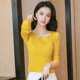 方领针织衫女短款高腰长袖毛衣女士早秋薄款低圆领柔软保暖打底衫