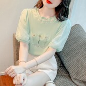 t恤时尚 短袖 漂亮钉珠泡泡袖 夏季 洋气时髦减龄上衣潮 女2024年新款