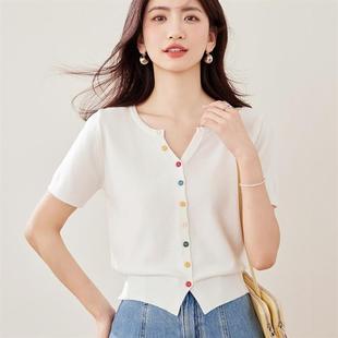 实拍现货2025新款春夏短袖针织衫女短款开衫小款纯色外搭小外套女
