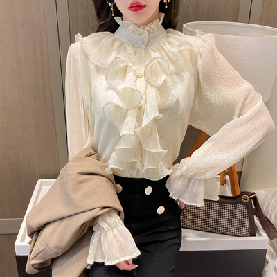 立领雪纺春款女装荷叶边长袖衬衫