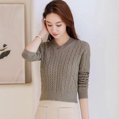 复古短款毛衣女修身高腰麻花针织衫2024年秋冬保暖V领加厚打底衫
