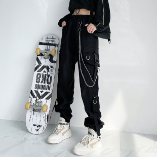 hiphop工装裤女2023年春秋季束脚黑色炸街链条嘻哈潮学生街舞裤子