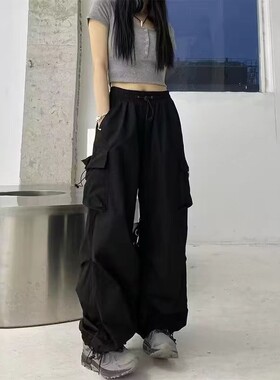 黑色阔腿裤夏季薄款女高腰小个子美式工装裤宽松直筒束脚休闲裤子