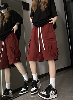 美式高街hiphop红色工装短裤男女夏季街舞潮牌运动休闲五分裤子