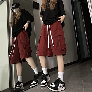 美式高街hiphop红色工装短裤男女夏季街舞潮牌运动休闲五分裤子