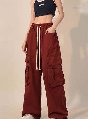 美式hiphop红色工装裤女秋冬嘻哈辣妹jazz爵士运动休闲裤子ins潮