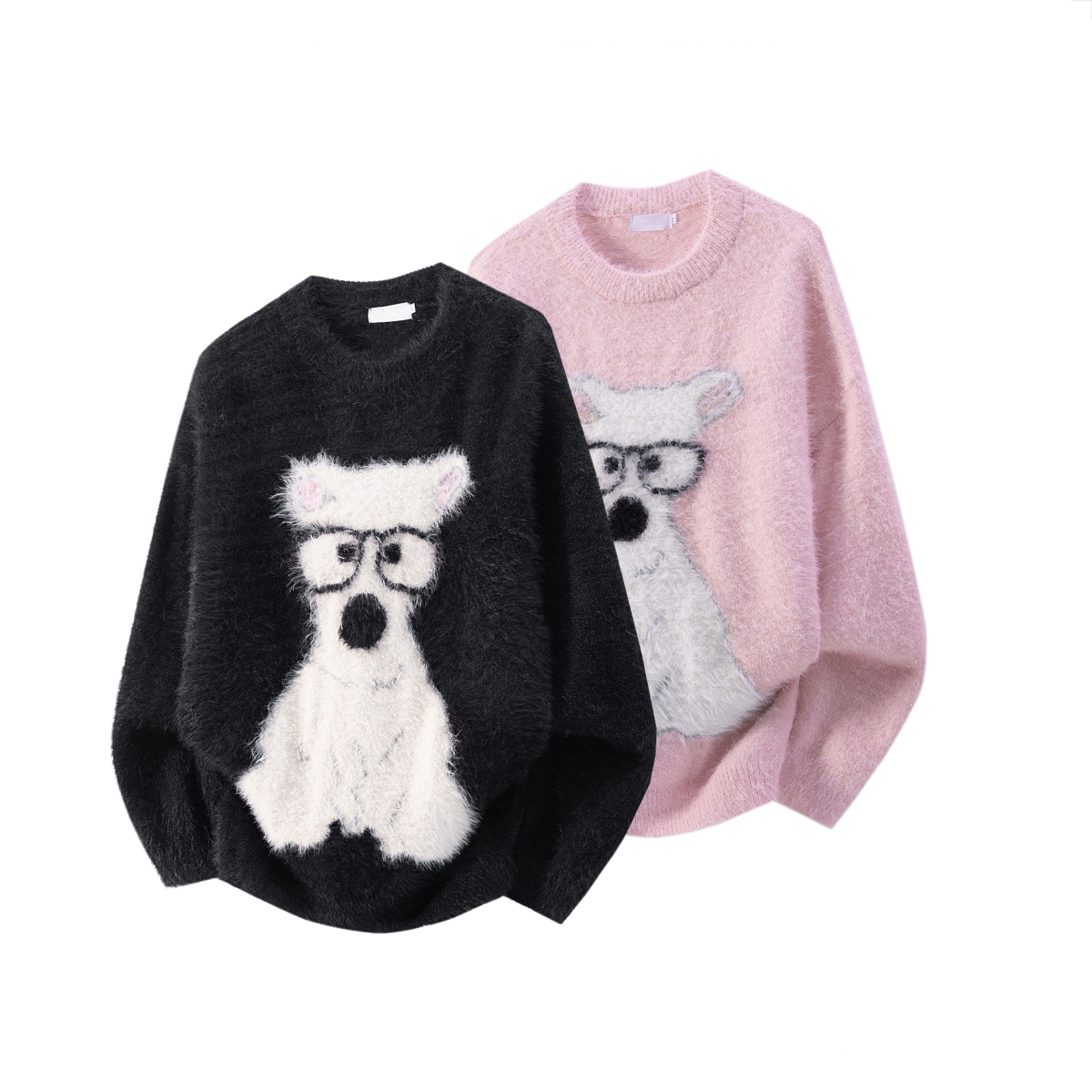 高级感超好看软糯粉色毛衣女秋冬季慵懒风可爱小狗宽松情侣针织衫