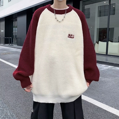 毛衣男款2025新款青少年秋冬插肩袖撞色宽松潮牌针织衫外套圆领