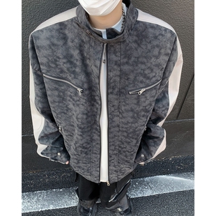 秋冬新款长袖拼皮垫肩立领机车夹克情侣款美式复古磨砂质感外套上