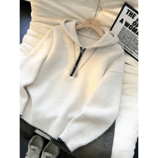 美式半拉链连帽套头针织衫男女同款秋冬外穿慵懒风宽松帽衫毛衣潮