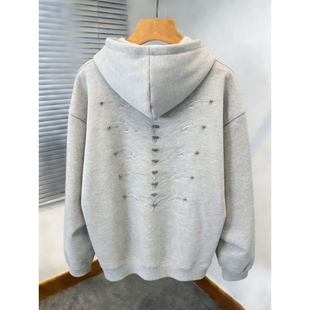 春季美式重磅Cleanfit复古钉珠刺绣设计连帽卫衣男女宽松休闲帽衫