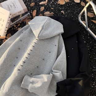 美式重磅Cleanfit复古钉珠刺绣设计连帽卫衣男女宽松休闲上衣帽衫