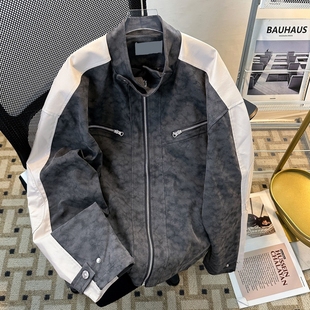 春秋美式复古机车磨砂拼皮潮立领棒球服飞行皮衣男女夹克外套潮流
