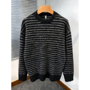 春秋复古季慵懒撞色条纹软糯毛衣男女中性潮牌百搭圆领情侣针织衫