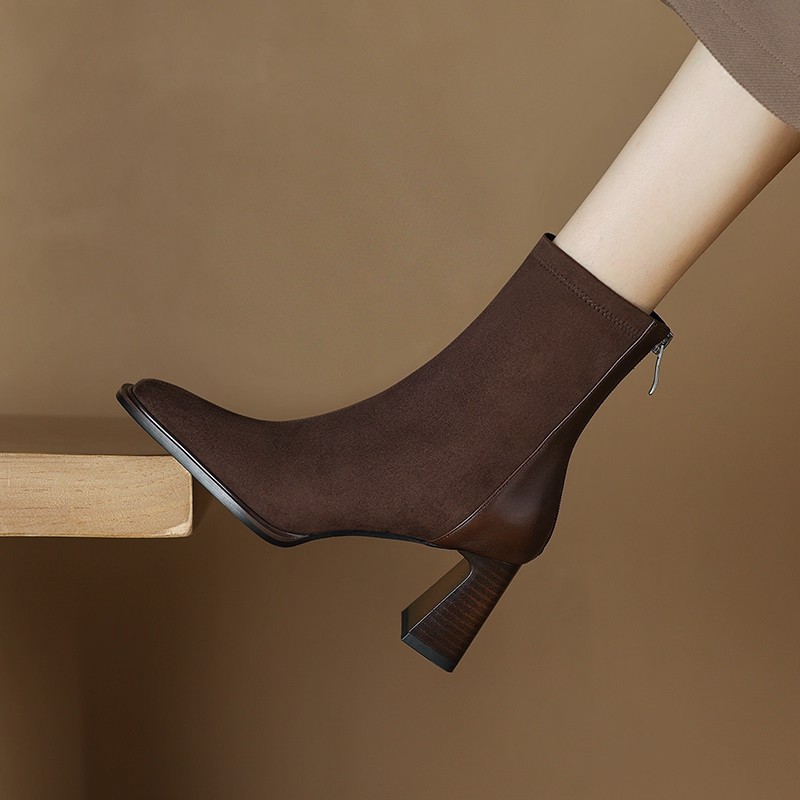 高品质-短靴女绒面高跟弹力靴