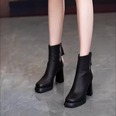 防水台方头高跟短靴女2025秋冬新款 靴 粗跟百搭气质马丁靴增高时装