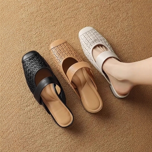 百搭凉拖鞋 法式 夏季 女半拖外穿2025新款 粗跟 复古气质方头包头凉鞋
