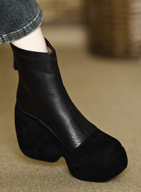 10cm防水台短靴坡跟2025秋季新款真皮后拉链瘦瘦靴圆头黑色马丁靴