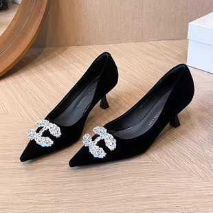 黑色金丝绒尖头浅口绒面单鞋细跟高跟鞋女水钻细跟2025年秋冬新款