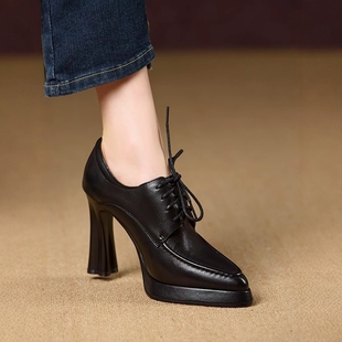 手工女鞋10cm2025年秋冬新款防水台真皮单鞋尖头系带高跟鞋子纯色