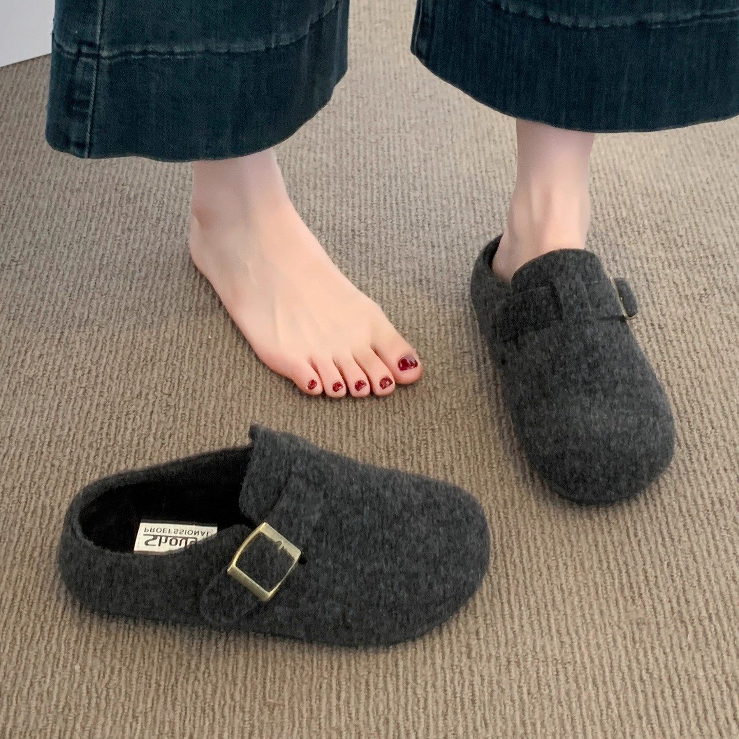 灰色毛毡勃肯鞋女2025秋冬新款包头拖懒人一脚蹬外穿博肯鞋半拖鞋,女鞋,包头拖,淘宝优惠券,粉丝福利购,淘宝优惠卷