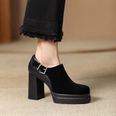 新款 巨舒服高跟厚底防水台深口单鞋 春季 方头粗跟一脚蹬增高皮带扣