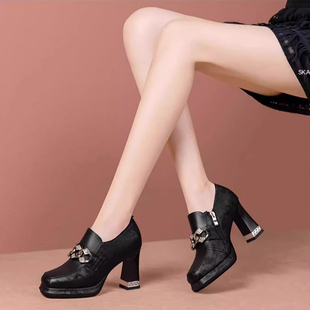 女士皮鞋 方头粗跟深口单鞋 高跟鞋 防水台四季 不累脚 女真皮2025新款