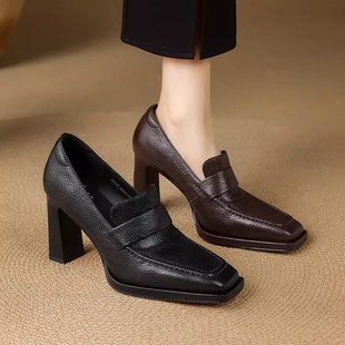 高跟鞋女2025秋冬新款真皮方头粗跟乐福鞋一脚蹬复古通勤深口单鞋