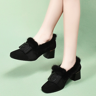真皮中跟女鞋2025年新款冬季加绒粗跟方头深口磨砂单鞋外穿毛毛鞋