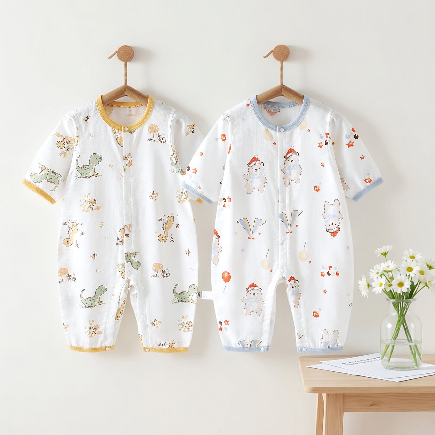 婴儿连体衣夏季短袖薄款衣服新生儿宝宝七分袖空调服纱布竹棉家居