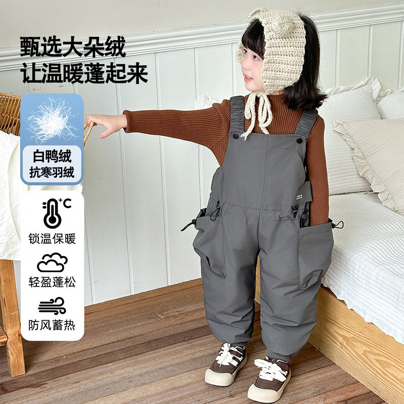 连体羽绒裤儿童秋冬保暖棉裤女宝宝过冬裤子白鸭绒加厚连身裤男童