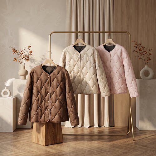 3387-菱格绗缝轻薄棉服女短款轻薄圆领时尚棉衣外套