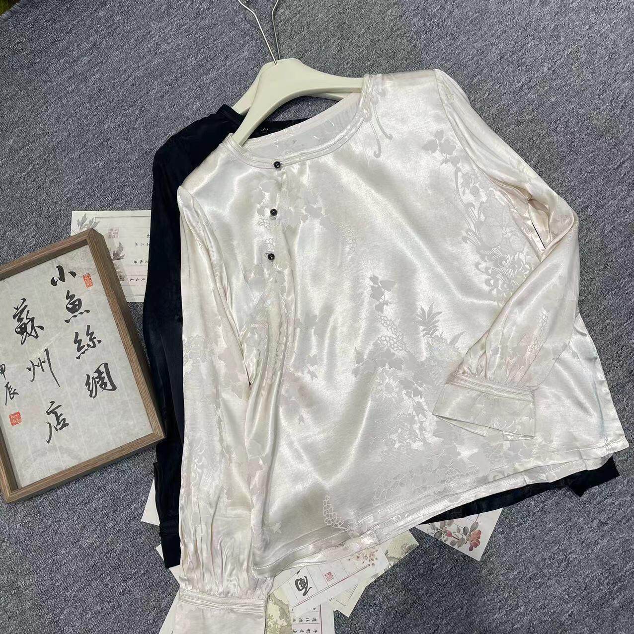 6307-新中式圆领斜襟桑蚕丝衬衣显瘦女秋季上衣