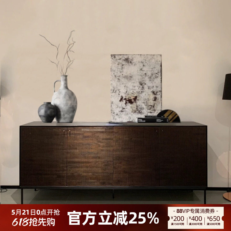 北欧表情餐边柜极简客厅电视柜柚木雕花全实木家具黑色复古玄关柜