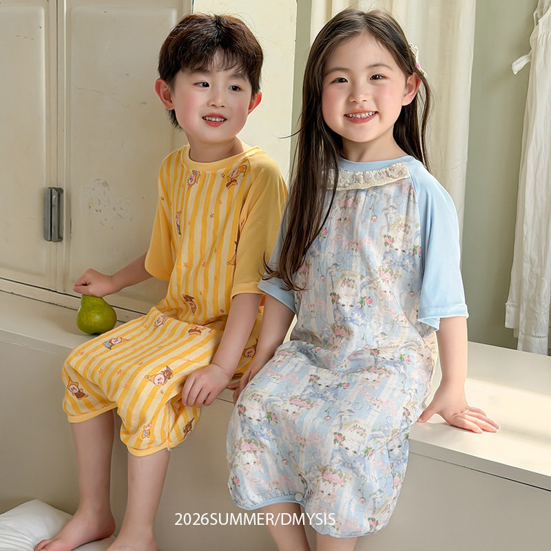 26夏装男女儿童全棉双层纱布两用裆睡袋婴童家居服连体衣睡衣睡裙
