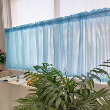 免打孔门帘蓝色百叶条纹纱帘透光不透人短帘魔术贴半帘橱柜防尘帘