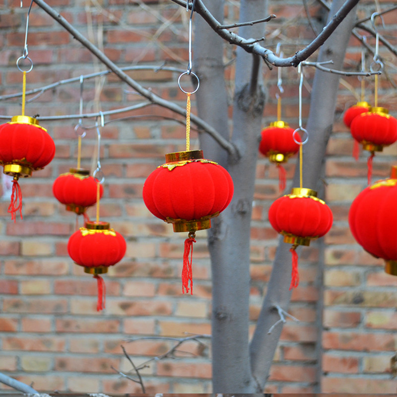 植绒小红灯笼串新年春节室内户外树上盆景场景布置装饰品挂件挂饰
