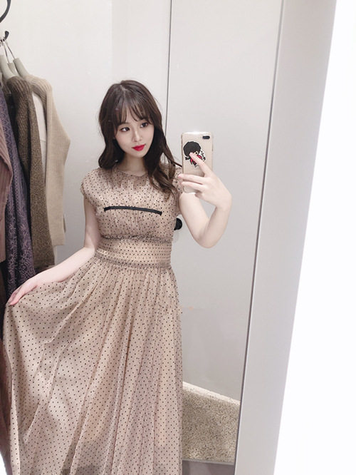 lb snidel 20春夏仙女裙薄纱露肩波点皱褶收腰长连衣裙