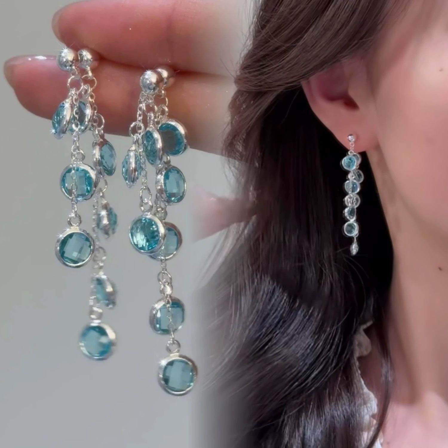【下单立减50】银针春夏两戴冰川蓝水晶长流苏耳环冷淡风耳钉_YT