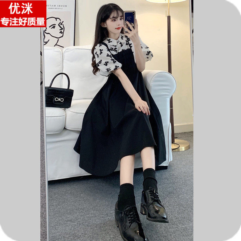 胖大童宽松大码连衣裙夏季14岁女孩洋气初中生拼接假两件背带长裙