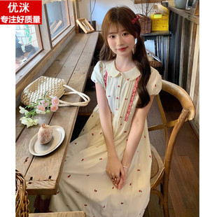 初中生甜美可爱少女孩学院风收腰过膝裙子 女大童娃娃领连衣裙夏季