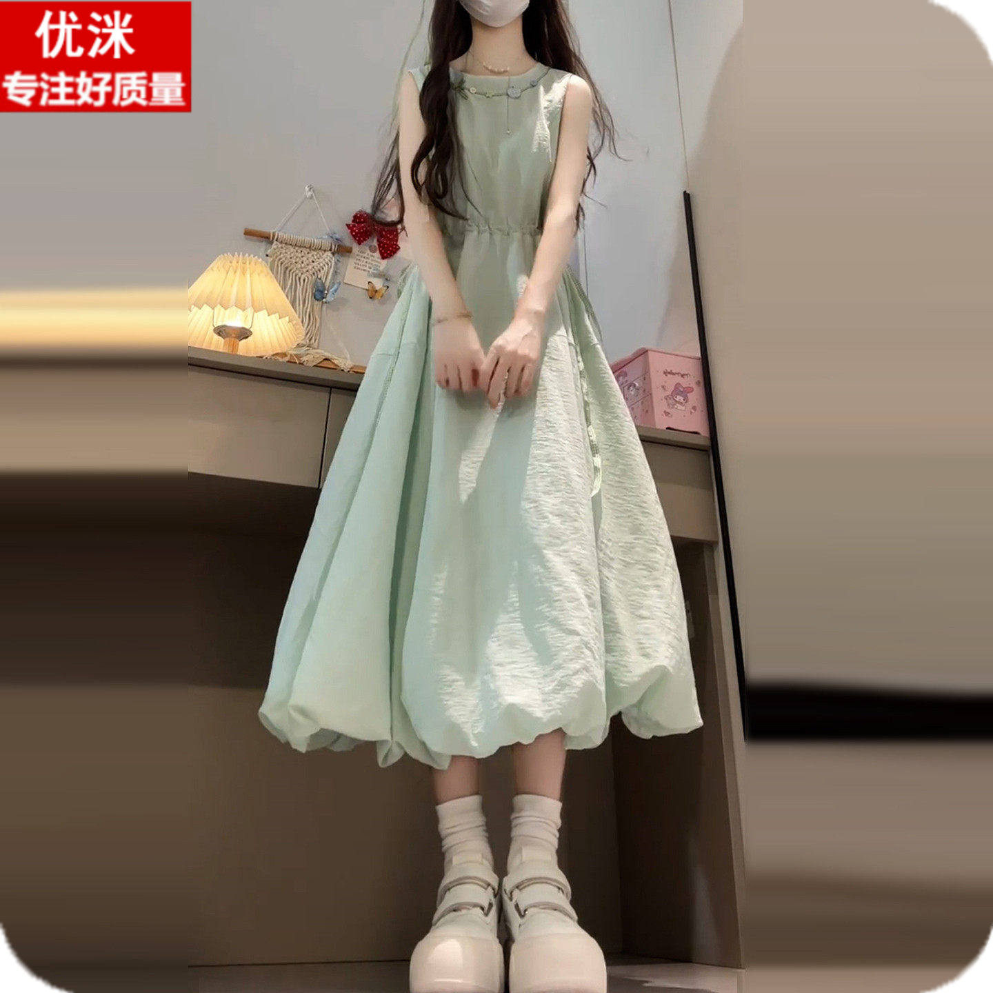女大童法式甜美背心连衣裙夏季少女初中生森系小清新收腰花苞裙子