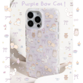 15pm苹果14p双层原创可爱手机壳保护套 亮面适用iphone16promax BLUELIFE 芋泥紫蝴蝶结猫咪