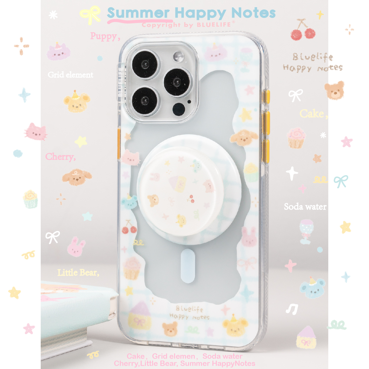 BLUELIFE 夏日格子多巴胺happy notes适用iphone16promax 15pro苹果14狗狗双层工艺原创手机壳保护套