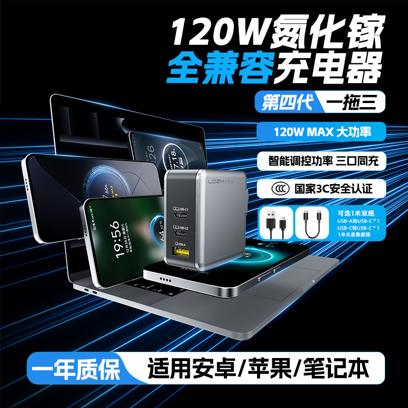 乐迪智美新款120W氮化镓充电器超级闪充三口适用华为oppo荣耀真我红米三星一加iqoo小米vivo苹果笔记本PD100W
